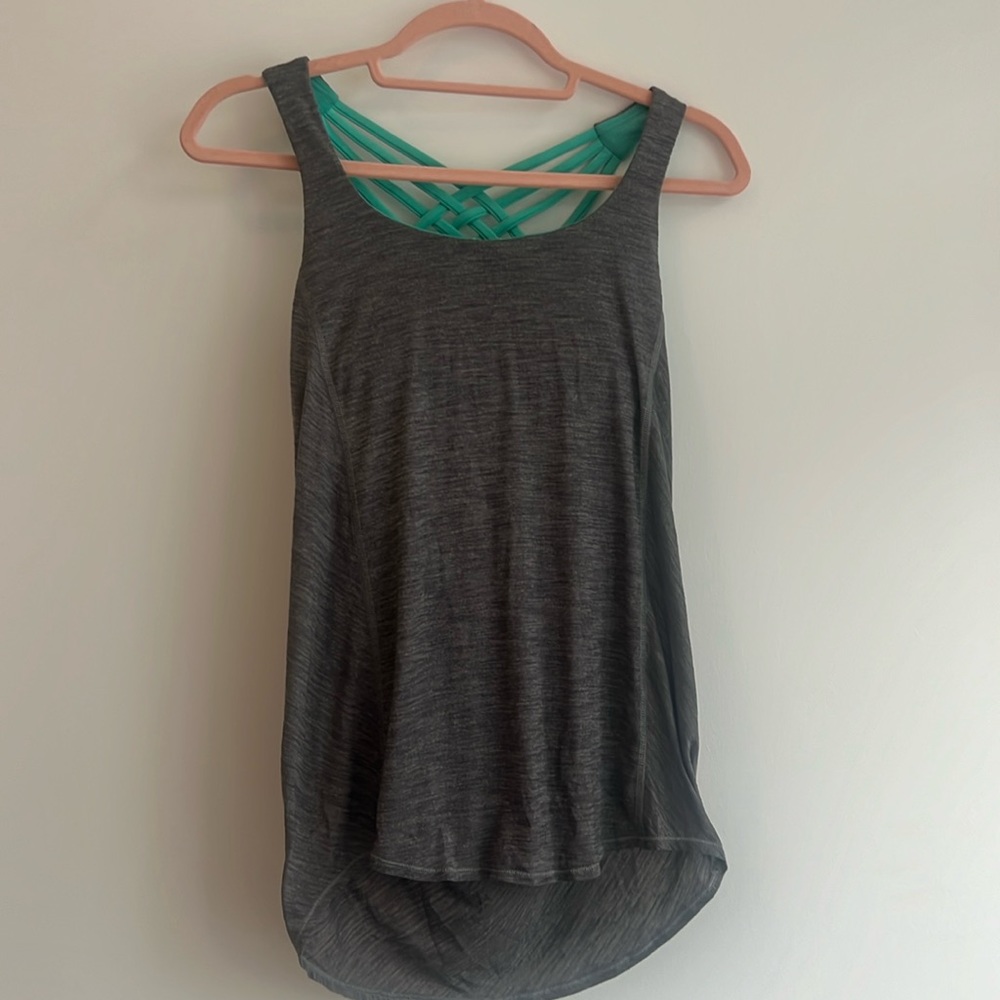 Grey and Teal Lululemon Free to be Wild tank in size 4